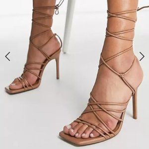 ASOS DESIGN Nina Strappy Tie Leg Heeled Sandals in beige size 10 wide